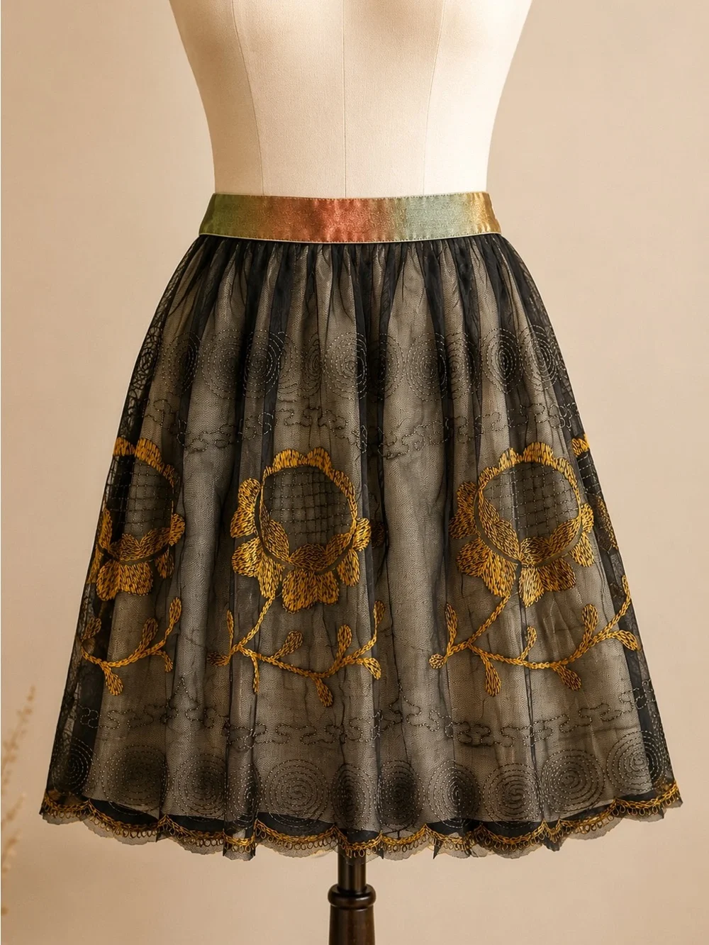 Free People Gold Floral Layered Embroidered Mesh Skirt Boho Whimsigoth Fairycore